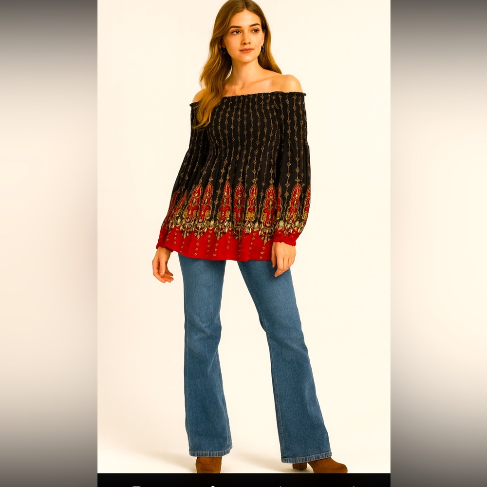 Melissa Paige Off-Shoulder Boho Blouse – Red & Black Paisley Print – Size S